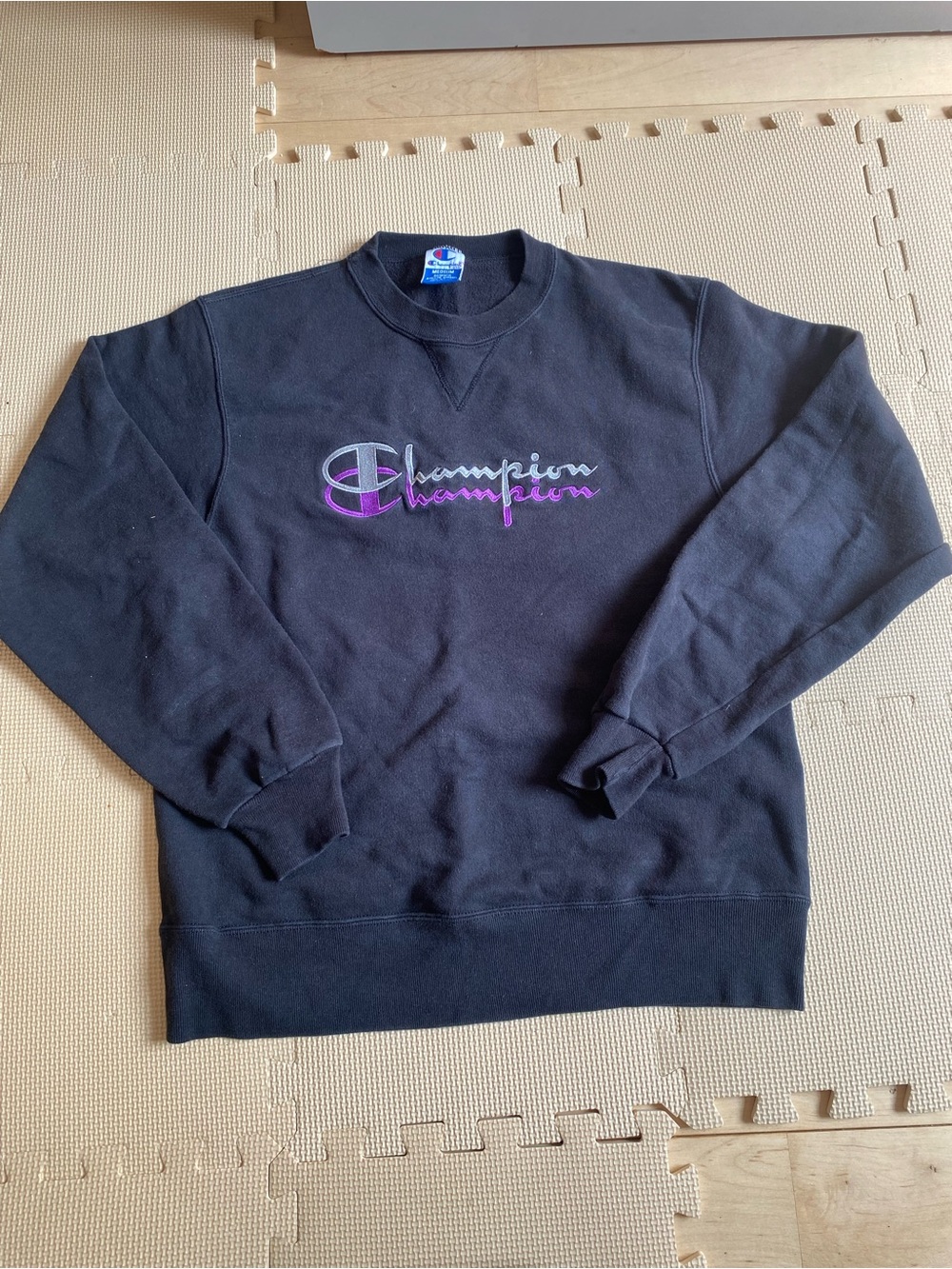 Champion Vintage Black Crewneck Sweater with Purple Logo Size M